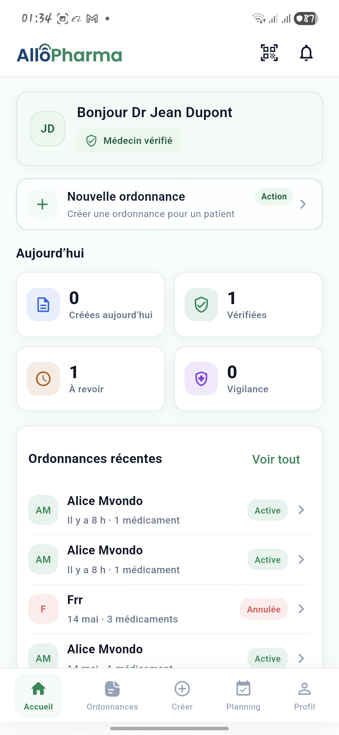 Tableau de bord médecin AllôPharma
