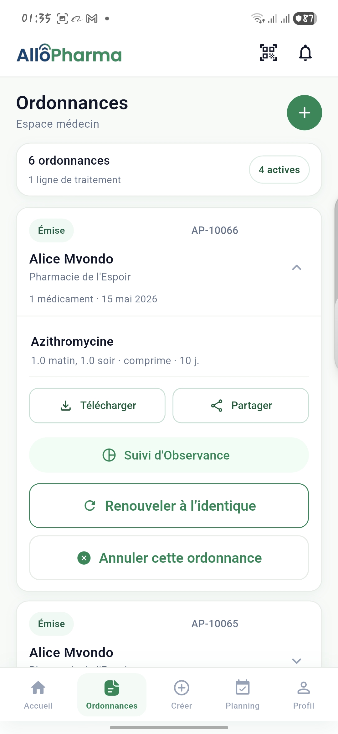 Lecture d'une ordonnance dans AllôPharma mobile