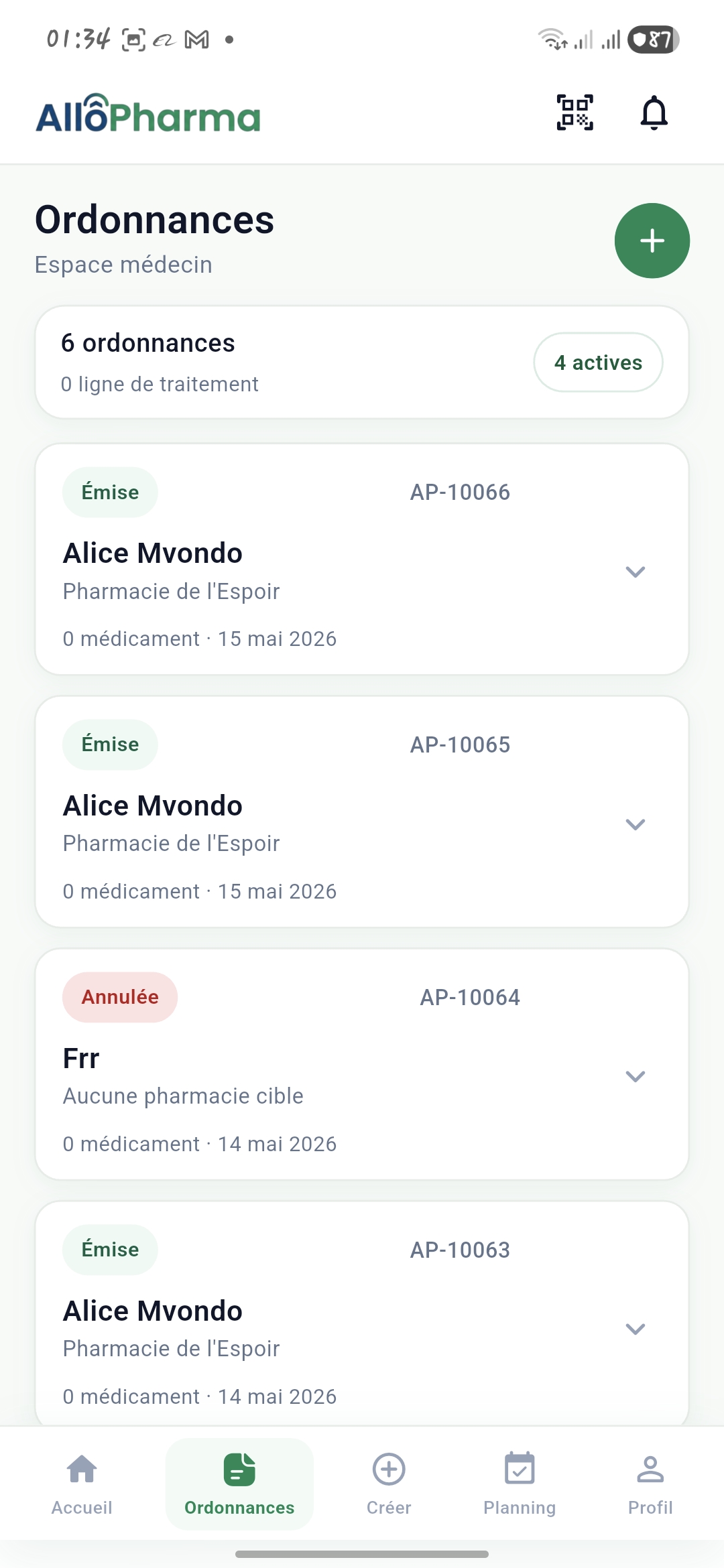 Liste des ordonnances dans l'application médecin