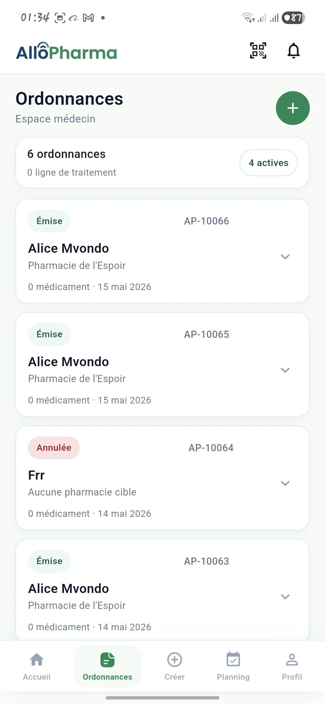 Liste des ordonnances dans l'application médecin