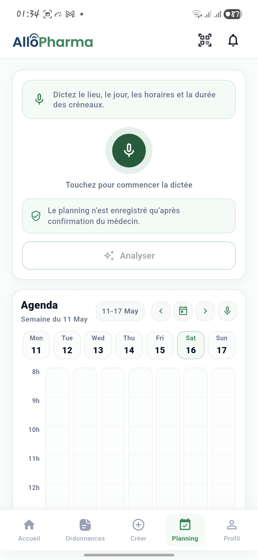 Planning médecin dans l'application mobile