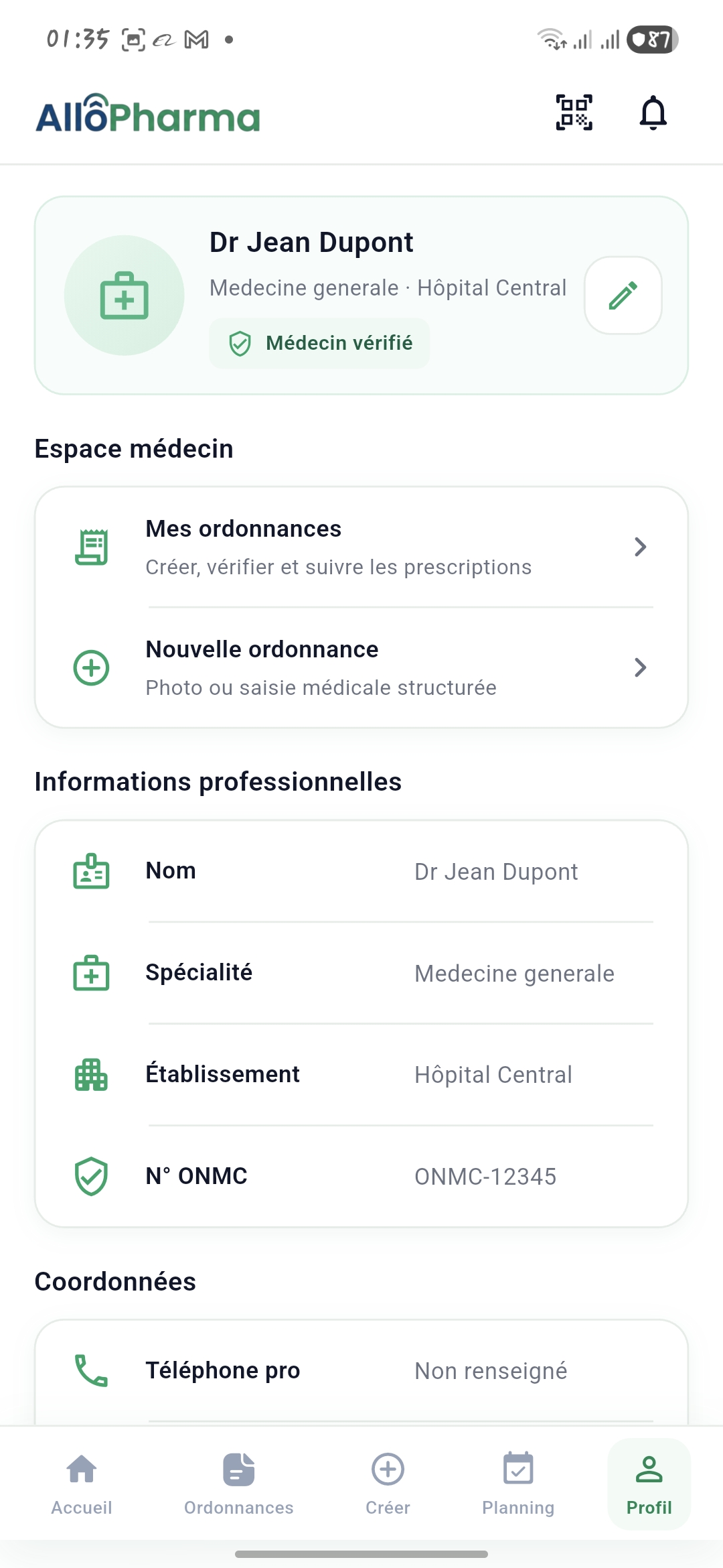 Profil médecin dans l'application mobile