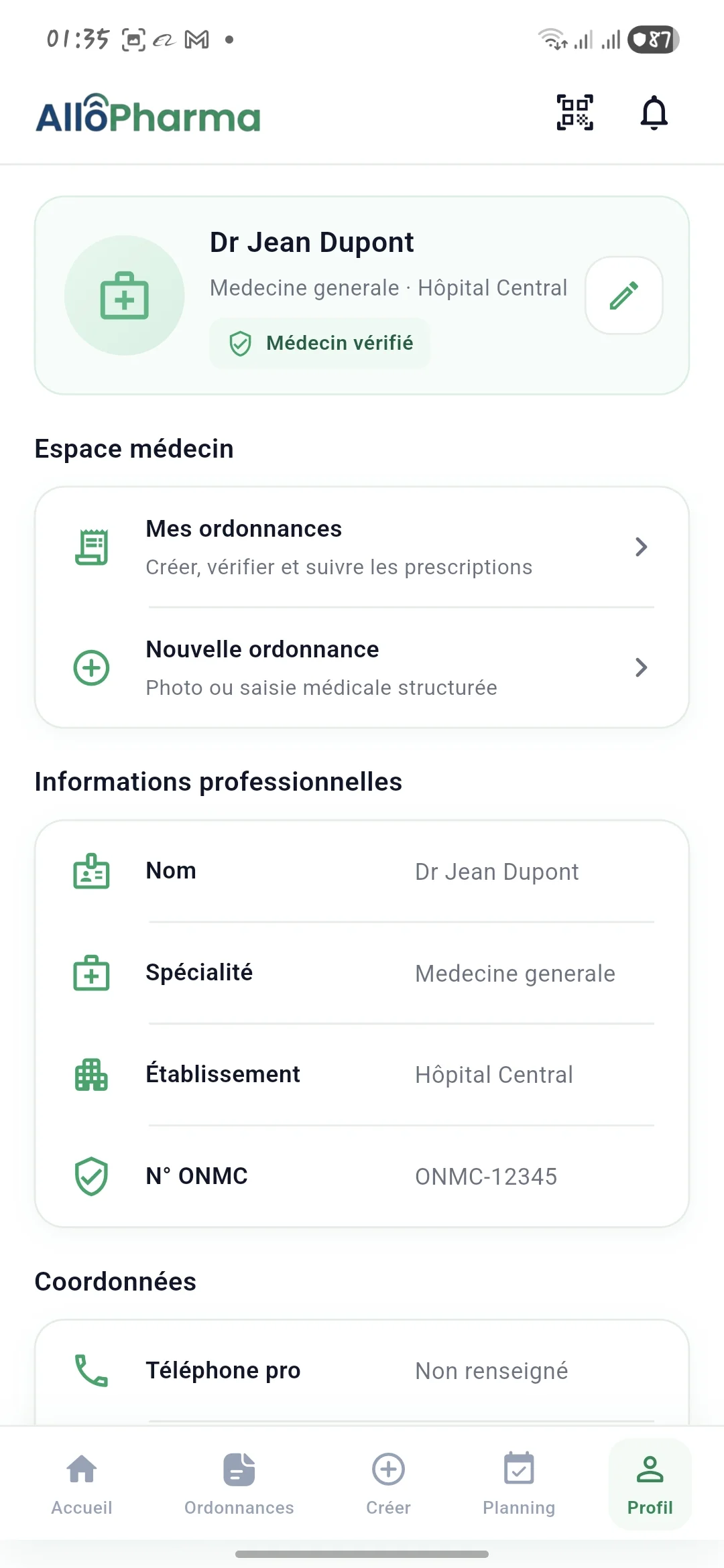 Profil médecin dans l'application mobile