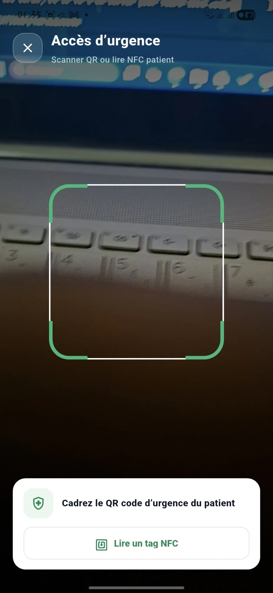 Scanner QR de fiche d'urgence dans l'application médecin