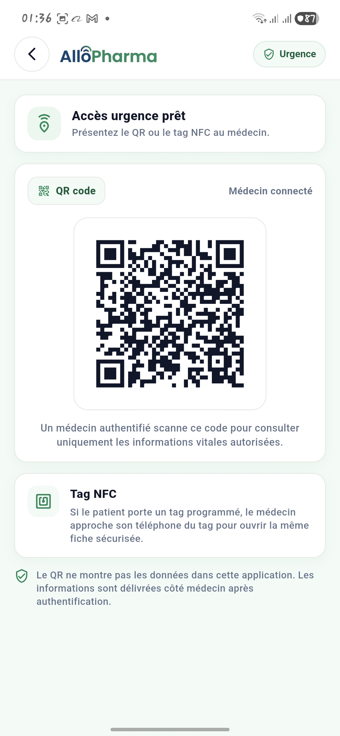 Fiche d'urgence ouverte depuis le téléphone du patient