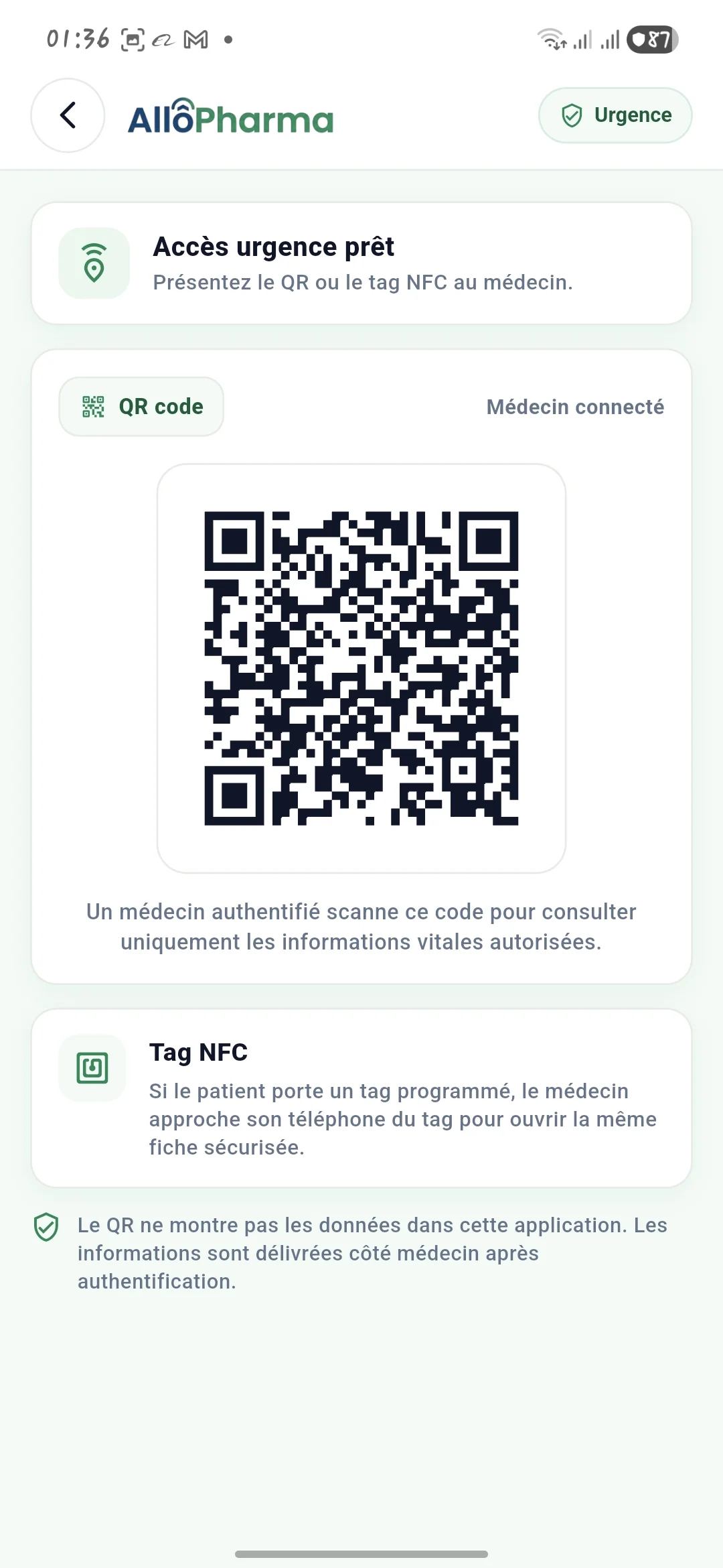 Fiche d'urgence ouverte depuis le téléphone du patient