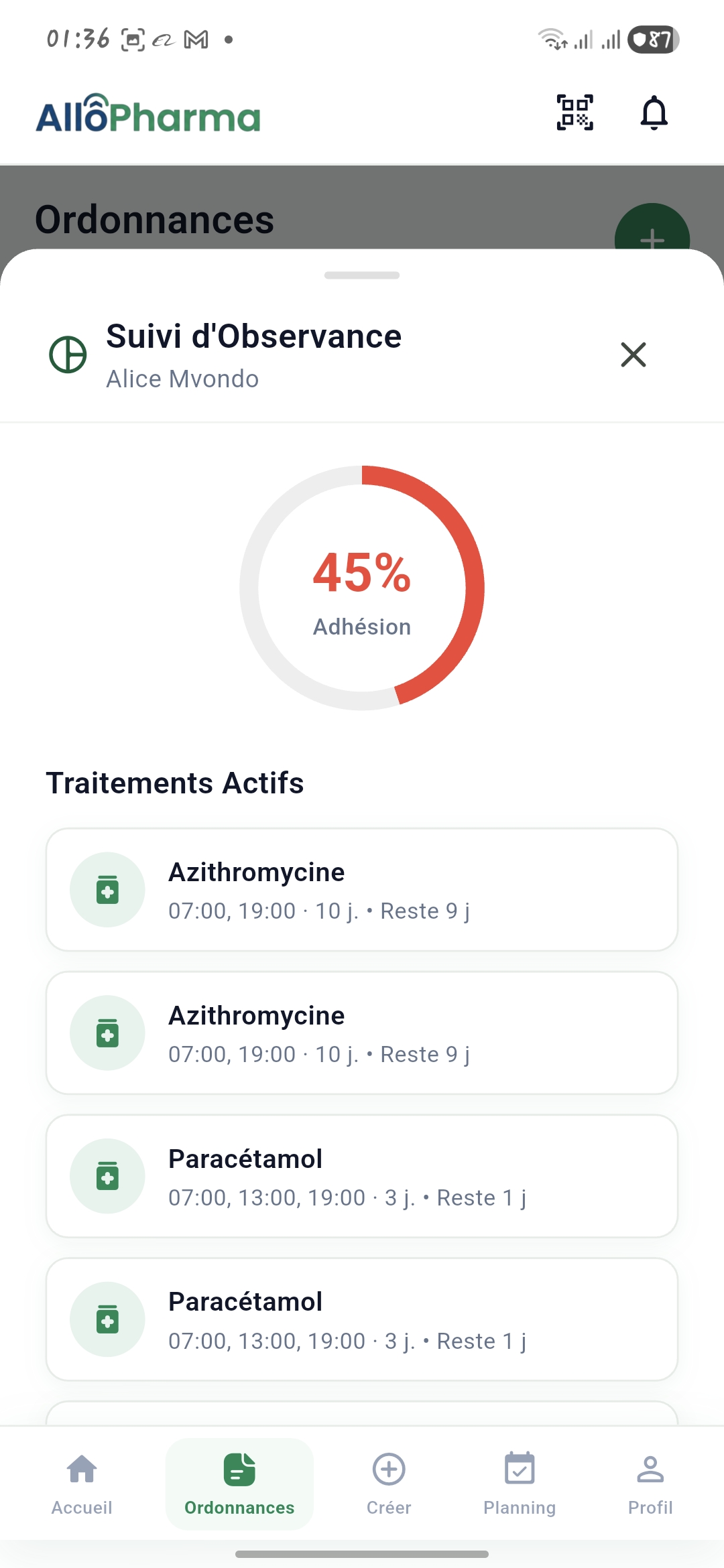 Suivi d'observance patient dans l'application mobile